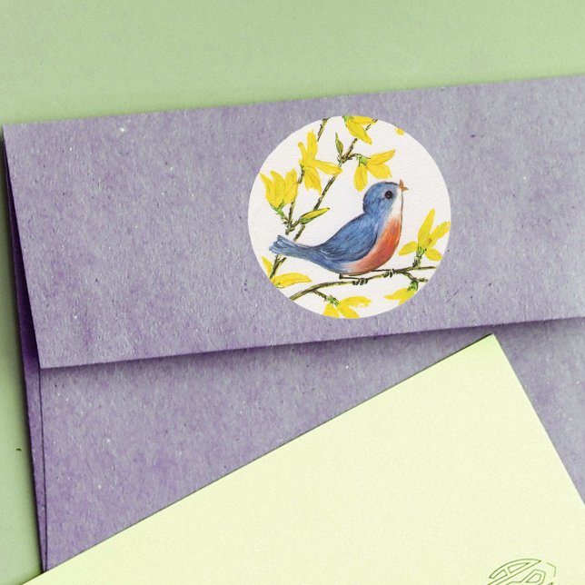 Sticker Rond Joli Chanteur Oiseau Bleu Arbre (Little red blue singing bird on branch with yellow flowers on white round sticker.)