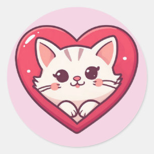 Sticker Rond Joli Chat Blanc avec Design Kawaii Amour Chaton