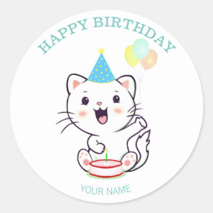 Sticker Rond Joli Chat Blanc Heureux avec Ballons Anniversaire