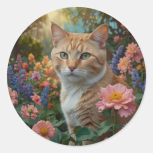 Sticker Rond Joli chat blanc orange dans un jardin fleuri