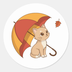 Sticker Rond Joli Chat Chaton Rouge Jaune Parapluie Automne