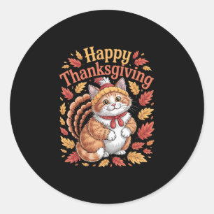 Sticker Rond Joli chat de Thanksgiving Dinde drôle d'animal d'a