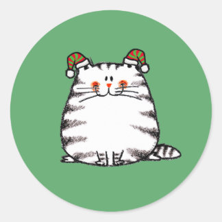 Sticker Rond Joli Chat Grassouillet Deux Chapeaux de Noël