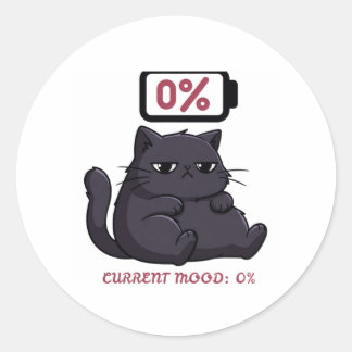 Sticker Rond Joli Chat Grincheux Batterie Faible Batterie Socia