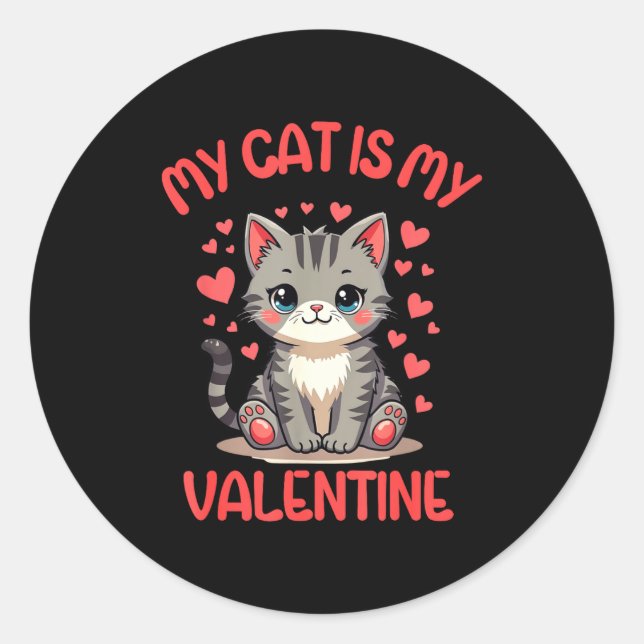 Sticker Rond Joli Chat, Mon Chat Est Mon Valentin, Célibataire  (Devant)