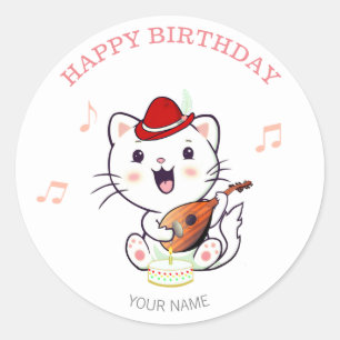 Sticker Rond Joli Chat Musical avec Mandoline Anniversaire