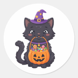 Sticker Rond Joli chat noir 'Trick or Treat' pour bonbons d'Hal