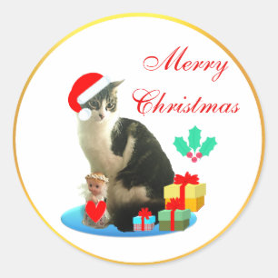 Sticker Rond Joli chat tabby de Noël