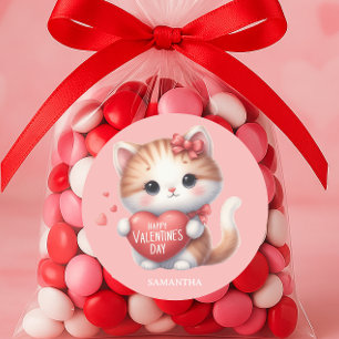 Sticker Rond Joli chat tigre Cœur rouge Joyeuse Saint-Valentin