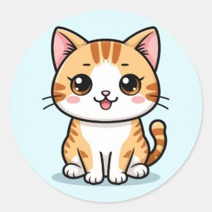 Sticker Rond Joli Chat Tigré Orange Dessin Animé