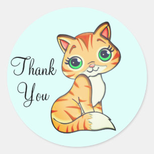 Sticker Rond Joli chaton avec cœur Merci sur fond bleu clair 