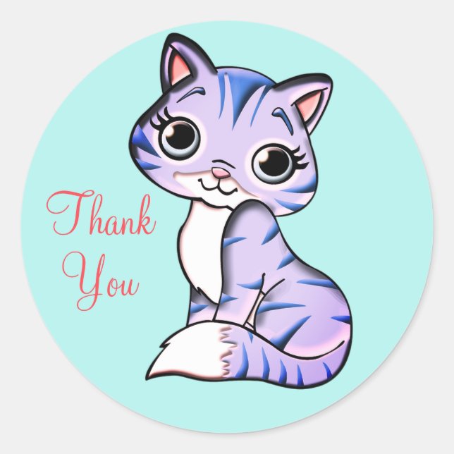Sticker Rond Joli chaton Merci sur fond bleu clair (Devant)