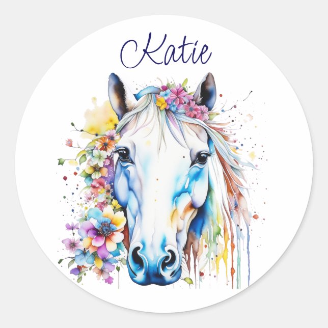 Sticker Rond Joli Cheval Blanc Floral Personnalisé (Devant)
