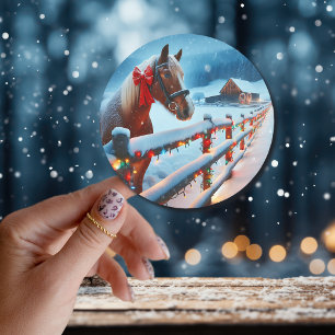 Sticker Rond Joli Cheval Brown avec Bow Noël