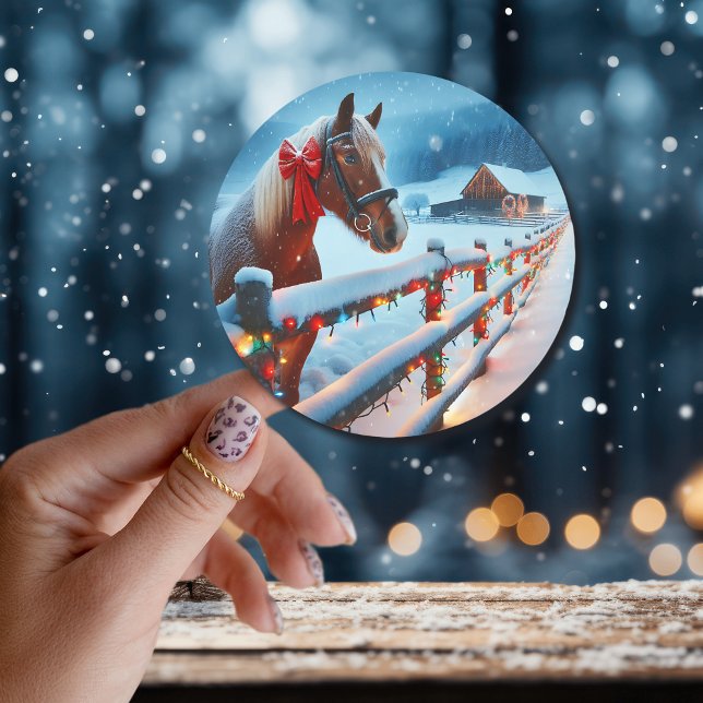 Sticker Rond Joli Cheval Brown avec Bow Noël (Créateur téléchargé)
