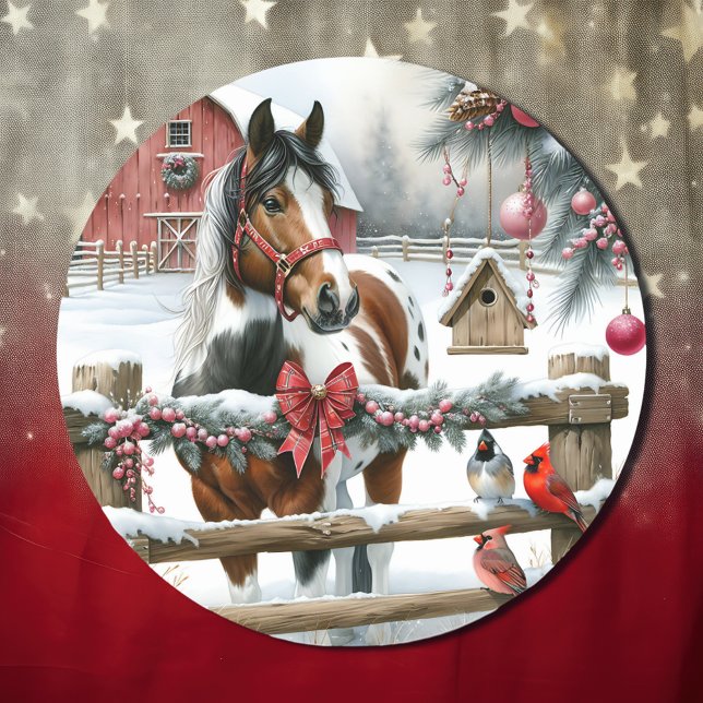 Sticker Rond Joli Cheval Brown et Blanc Ferme rustique Noël (Créateur téléchargé)