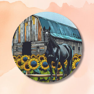 Sticker Rond Joli cheval noir et grange rustique avec tournesol