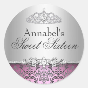 Sticker Rond Joli chevalet rose et argent Damask Sweet 16