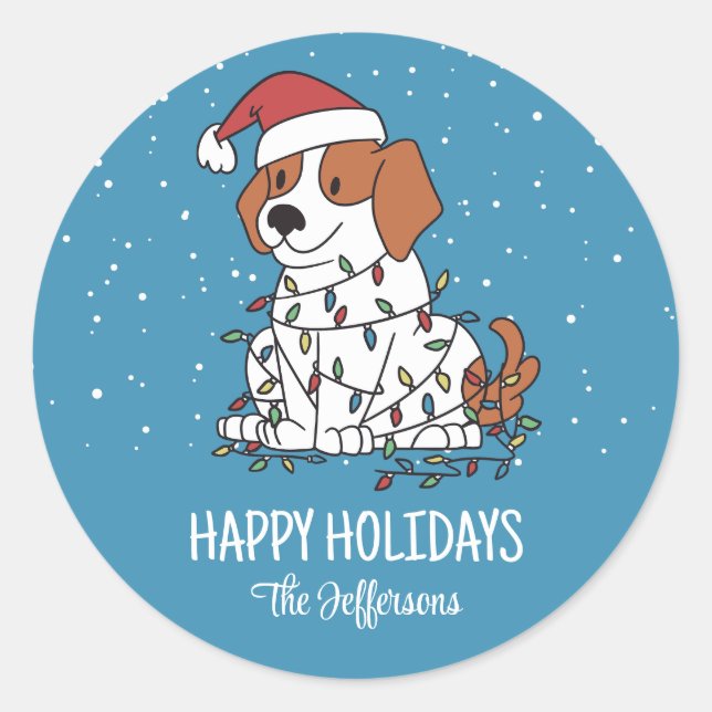 Sticker Rond Joli chien Beagle Noël Snowy Vacances d'hiver (Devant)