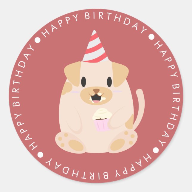 Sticker Rond Joli Chien Chien Chien Coquelicot Joyeux Anniversa (Devant)