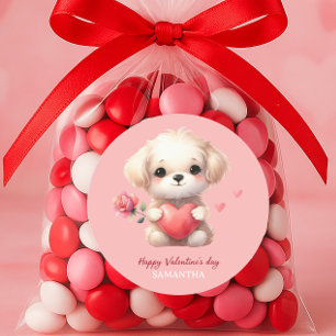 Sticker Rond Joli Chien Chien Chien Rouge Coeur RoseJoyeux Jour