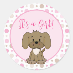 Sticker Rond Joli Chien Chien Rosé Polka Pot Baby shower