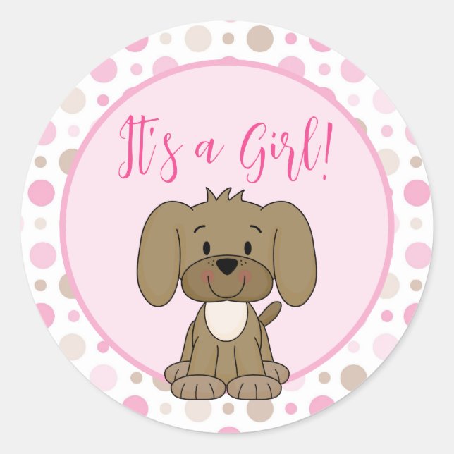 Sticker Rond Joli Chien Chien Rosé Polka Pot Baby shower (Devant)