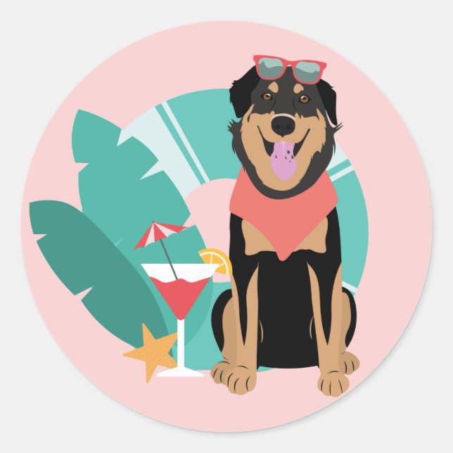 Sticker Rond Joli chien d'été avec lunettes de soleil (Devant)
