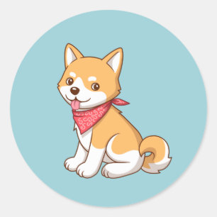 Sticker Rond Joli chiot Shiba Inu sur fond bleu
