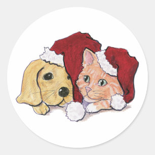 Sticker Rond Joli Christmas Labrador Puppy et Orange Tabby