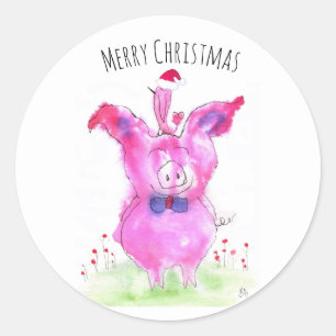 Sticker Rond Joli cochon rose et Noël des oiseaux