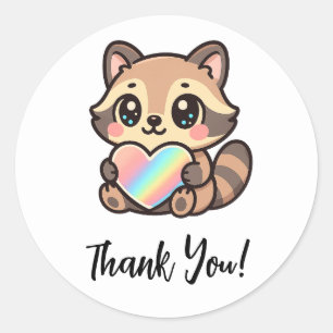 Sticker Rond Joli cœur arc-en-ciel Raton laveur Kawaii Merci