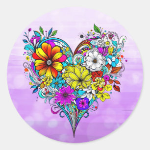Sticker Rond Joli coeur floral   Saint-Valentin
