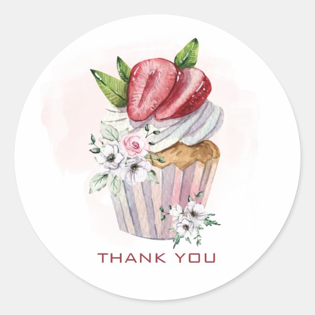 Sticker Rond Joli cupcake à l'aquarelle, fraise, floral (Devant)