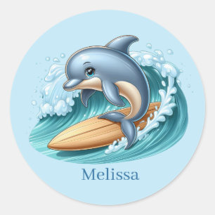 Sticker Rond Joli dauphin ajouter nom surf