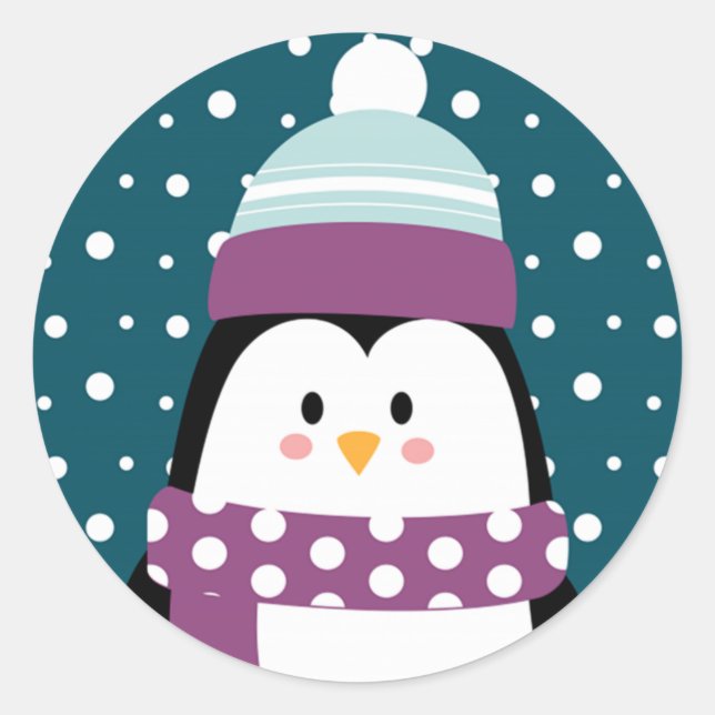 Sticker Rond Joli Dessin d'hiver Pingouin Flocon de neige (Devant)