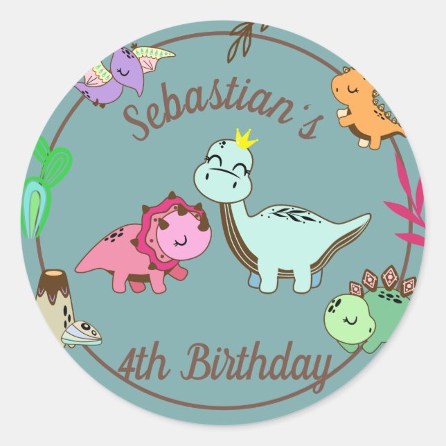 Sticker Rond Joli Dinosaures fête d'anniversaire (Devant)