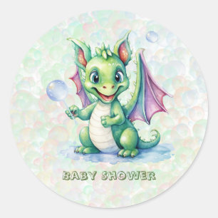 Sticker Rond Joli Dragon vert avec Baby shower de garçon Bubble
