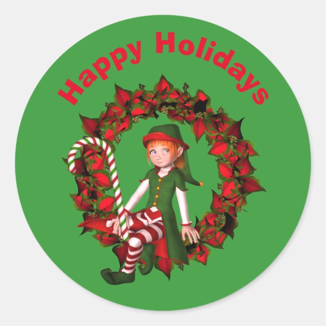 Sticker Rond Joli Elfe En Fête De Noël (Devant)