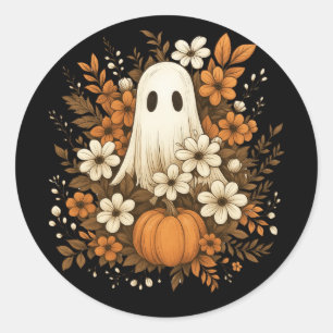 Sticker Rond Joli Fantôme avec Citrouille et Fleurs d'Automne –