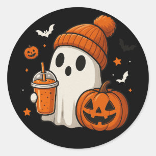 Sticker Rond Joli fantôme d'Halloween avec citrouille et boisso
