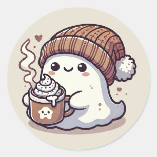 Sticker Rond Joli fantôme d'Halloween en bonnet d'automne et ch