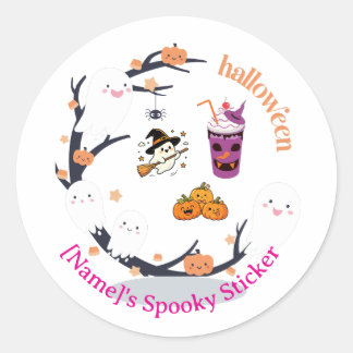 Sticker Rond Joli fantôme et citrouille pastel Halloween classi