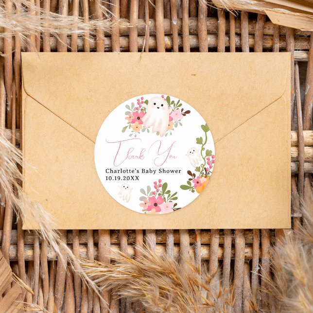 Sticker Rond Joli fantôme floral citrouille petit baby shower d (Cute floral ghost pumpkin little boo baby shower classic round sticker)