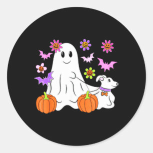 Sticker Rond Joli fantôme promenant un chien floral citrouille 