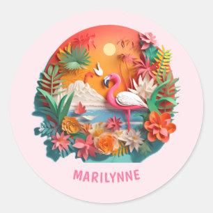 Sticker Rond Joli Flamant Rose 3D pour la Rentrée Scolaire