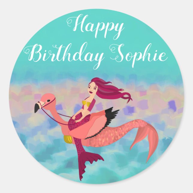 Sticker Rond Joli Flamant rose de sirène mauve joli anniversair (Devant)