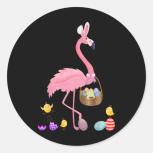 Sticker Rond Joli Flamant rose Pâques Avec Panier Pâques Pâques