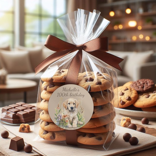 Sticker Rond Joli Golden Retriever Chiot 100e anniversaire (Golden retriever 100th birthday party sticker for favor bags)