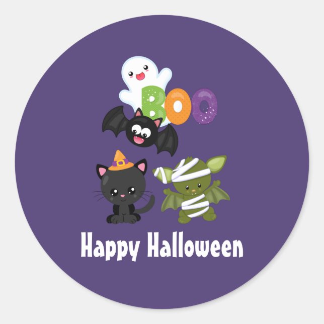 Sticker Rond Joli Halloween Chat, chauve-souris, maman et fantô (Devant)